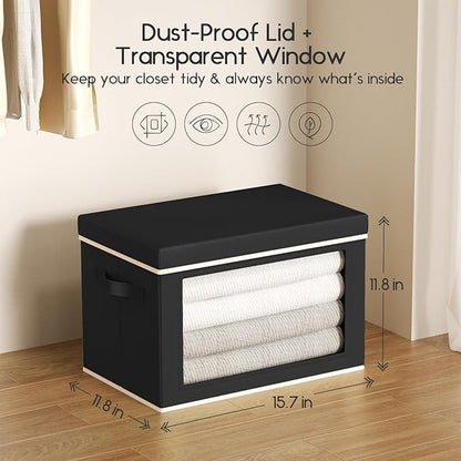 Collapsible Storage Bins with Lids - Stackable Storage Containers with Window, 15.7 Inch Fabric Organizing Bins for Closet, Home & Office Organization Baskets, Black, 3 Pack