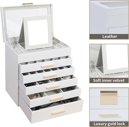 BOOVO Jewelry Boxes for Women, White and Black 6 Layer Large Jewelry Box for Necklace, Bracelet, Earrings, Rings Storage, Jewelry holder Organizer for Girls Gift (Clear White, 6 layer)