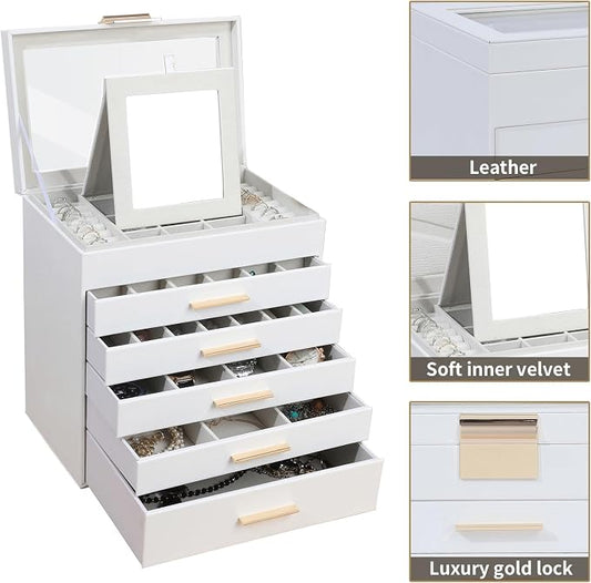 BOOVO Jewelry Boxes for Women, White and Black 6 Layer Large Jewelry Box for Necklace, Bracelet, Earrings, Rings Storage, Jewelry holder Organizer for Girls Gift (Clear White, 6 layer)