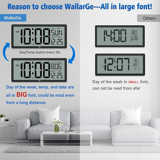 WallarGe 14.5'' Large Digital Wall Clock Battery Operated with Jumbo Numbers, Temperature and Date - Easy to Read and Set, Auto DST
