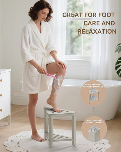 Shower Foot Rest 15in, HDPE Waterproof Shower Stool for Inside Shower, Corner Shower Stool for Shaving Legs with Storage Shelf for Small Space, Shower Step Stool, Plastic Corner Shower Bench, Beige