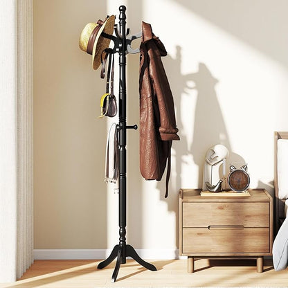 Tangkula Coat Rack Freestanding, Solid Rubber Wood Coat Tree with 11 Hooks and 3 Height Options for Coats, Hats, Bags, Purses, Clothes, Hanger Stand for Entryway Hallway Bedroom Office (Black)