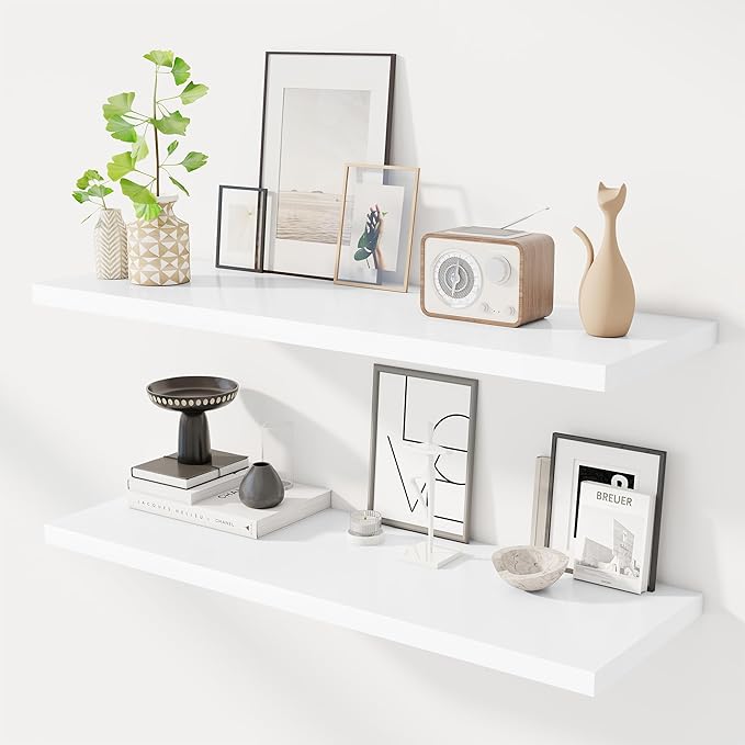 Dreamland 40" Floating Shelves for Wall, 12" Deep Slim White Floating Shelves, Wall-Mounted Shelves for Bedroom, Living Room, Kitchen, Bathroom - Set of 2