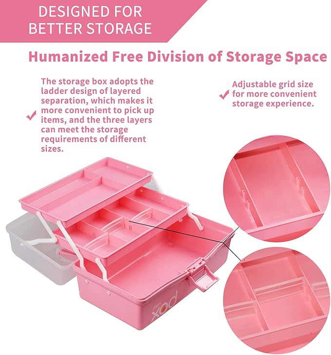 TERGOO 12in 3-Layer Plastic Craft Organizers and Storage, Portable Folding Tackle Box with Handle & Adjustable Dividers, Multipurpose Case for Sewing, Art Supplies, Medicine, Tools (Pink)
