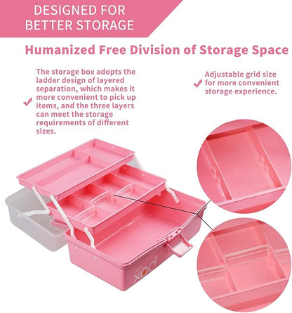TERGOO 12in 3-Layer Plastic Craft Organizers and Storage, Portable Folding Tackle Box with Handle & Adjustable Dividers, Multipurpose Case for Sewing, Art Supplies, Medicine, Tools (Pink)