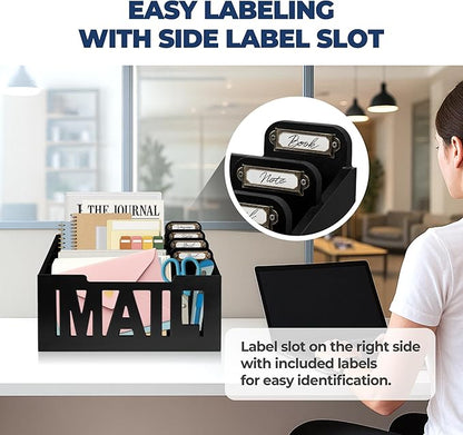 Mail Organizer Countertop – Black Holder for Desk with 4 Slots & Label Tags, Decorative Desktop Sorter, Bill Storage and Envelope Tray for Organized Home Office Accessories (11x7x8 in)