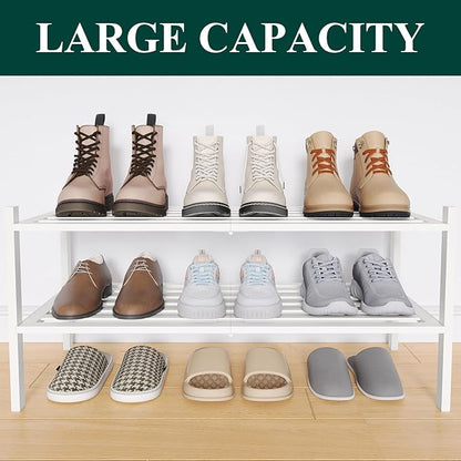 Smiry Bamboo Shoe Rack 2-Tier, Stackable Wooden Shoe Organizer for Entryway & Closet, Free Standing Wood Shoe Storage Shelf for Front Door & Small Spaces, White