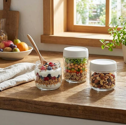 Glass Jar with Scew Lid, Overnight Oats Jars, Condiment Salad Dressing Sauce Meal Prep Containers, 10oz Wide Mouth Food Jars for Baby Food Snacks Sugar Spice, Glass Food Storage Containers Airtight