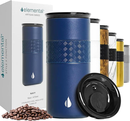 Elemental Artisan Insulated Tumbler, Triple Wall Coffee Travel Mug, Reusable Stainless Steel Coffee Tumbler with Ceramic Lid, Thermal Coffee Cups for Hot (6 Hrs) & Cold (18 Hrs), 16oz - Navy Blue