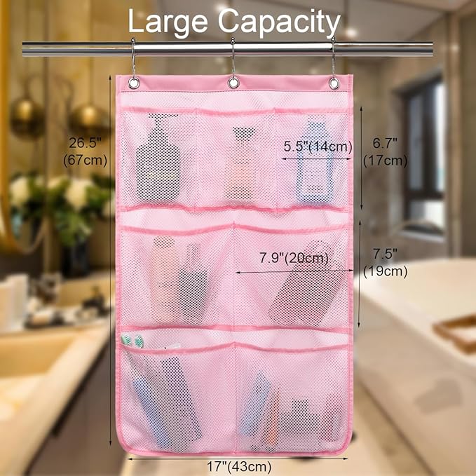 GYEUKHAM Mesh Shower Caddy Hanging Organizer with 7 Pockets and Hooks, Portable Quick Dry Bathroom Storage for College Dorm, Cruise, RV, Gym, Travel Toiletry Bag, Pink, 1 Pack