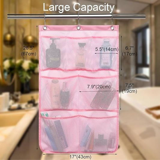 GYEUKHAM Mesh Shower Caddy Hanging Organizer with 7 Pockets and Hooks, Portable Quick Dry Bathroom Storage for College Dorm, Cruise, RV, Gym, Travel Toiletry Bag, Pink, 1 Pack