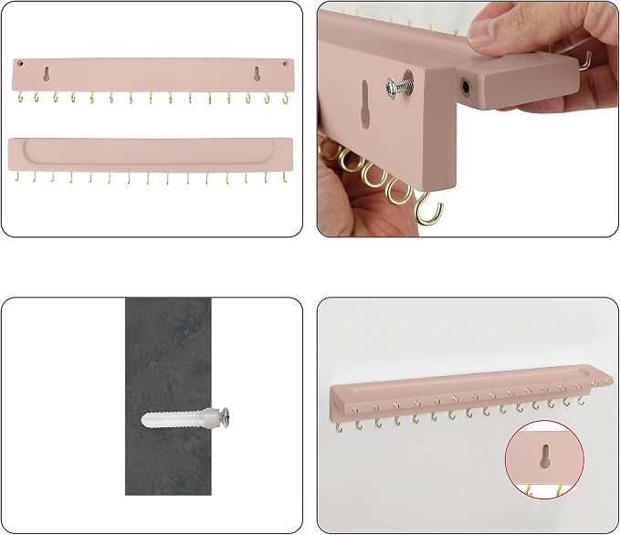 YYILIS Necklace Holder, Upgraded Extra Large Wall Necklace Organizer with 30 Hooks Wall Mounted Necklace Hanger with Jewelry Tray/Cosmetics Shelf Rustic Pine Wood Holder (Pink)