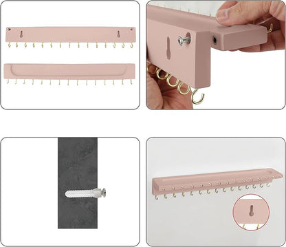 YYILIS Necklace Holder, Upgraded Extra Large Wall Necklace Organizer with 30 Hooks Wall Mounted Necklace Hanger with Jewelry Tray/Cosmetics Shelf Rustic Pine Wood Holder (Pink)