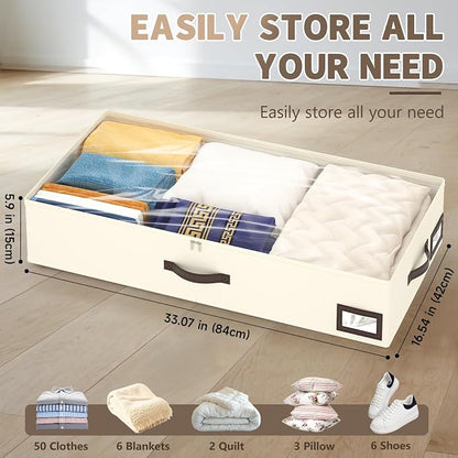 OIAHOMY 2 Pack Under Bed Storage with 4 Compression Bags, Underbed Organizers for Bedroom & Closet, Fits Beds Higher than 5.9", Space-Saving for Seasonal Clothes, Blankets & Shoes - Beige