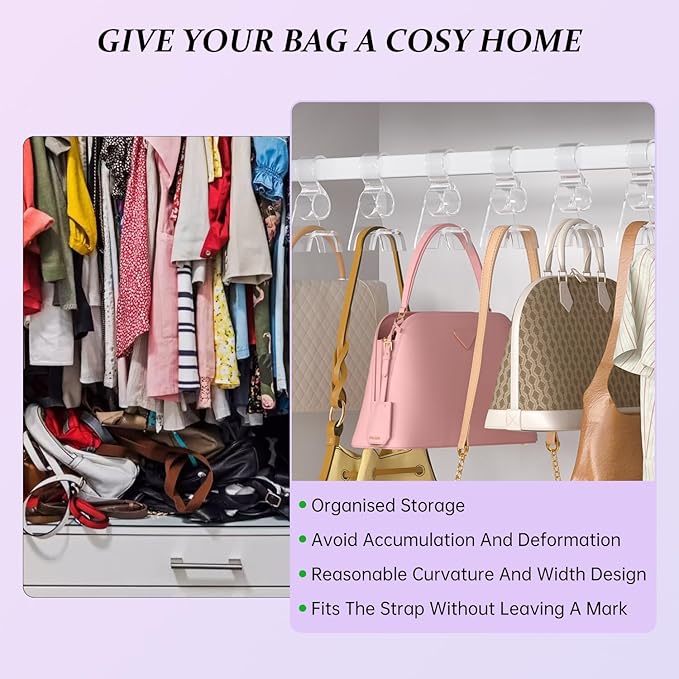Acrylic Purse Hangers for Closet Organization | Multi-Purpose Durable Hooks for Handbags, Scarves, Hats & Belts (Clear, 12 Pack)