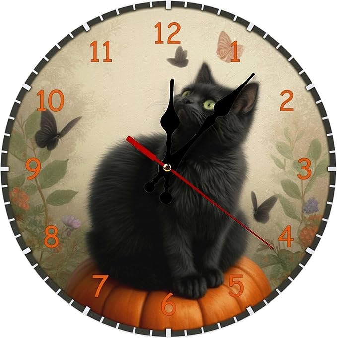 Wall Clock， Novelty Non Ticking Wall Clocks Battery Operated， Orange Wooden Wall Clocks for Kitchen， Living Room， Bedroom， Office， Bathroom Decorative. Featuring Black Cat And Pumpkin， Halloween Theme