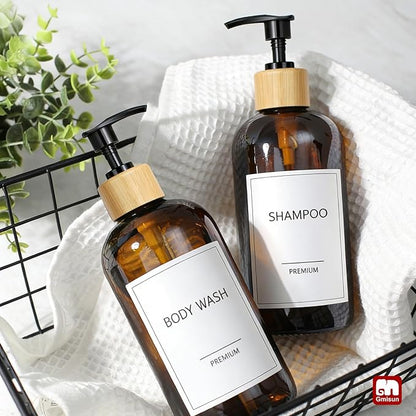 GMISUN Amber Glass Soap Dispenser, 2 Pack Bathroom Hand Soap Dispensers with Bamboo Pump, 17 Fl Oz Kitchen Hand and Dish Soap Dispenser Set, Modern Vintage Liquid Brown Soap Dispensers Bottle