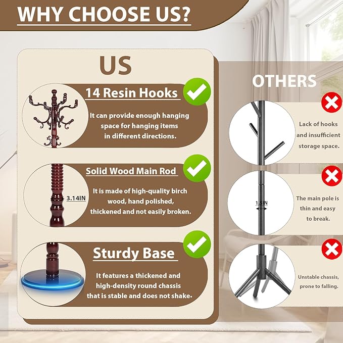 Solid Wooden Coat Rack Stand, Coat Racks Freestanding with 14 Hooks, Natural Birch Wood Coat stands with Sturdy Round Base, tree Coat Hanger Standing for Entryway Bedroom Office (Redwood disc)