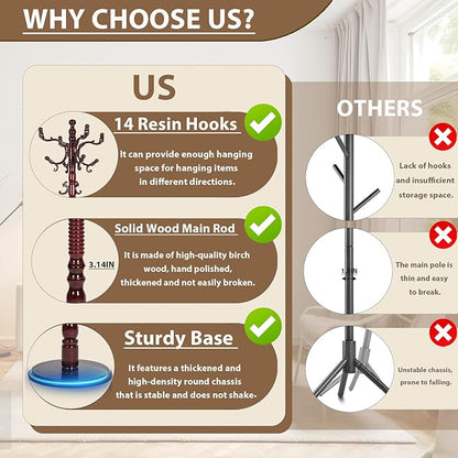 Solid Wooden Coat Rack Stand, Coat Racks Freestanding with 14 Hooks, Natural Birch Wood Coat stands with Sturdy Round Base, tree Coat Hanger Standing for Entryway Bedroom Office (Redwood disc)