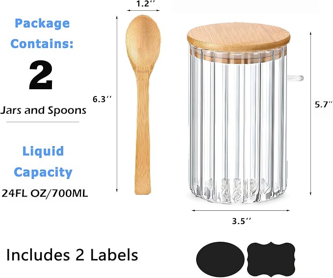 Steviieden 24 FL OZ Airtight Glass Jars with Bamboo Spoons Lids Overnight Oats Container Decorative Coffee Bar Food Storage Jar Cereal Nuts Salts Coffee Tea Flour Sugar Container Spice Jars (2Pack)