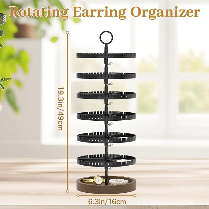 MODOWEY 6 Tier Rotating Earring Holder Organizer Display Tree with Wooden Tray, Adjustable Plastic Stand with 342 Slots for Stud Hoop Hanger, Large Capacity Storage Rack for Women Space Saving, Black