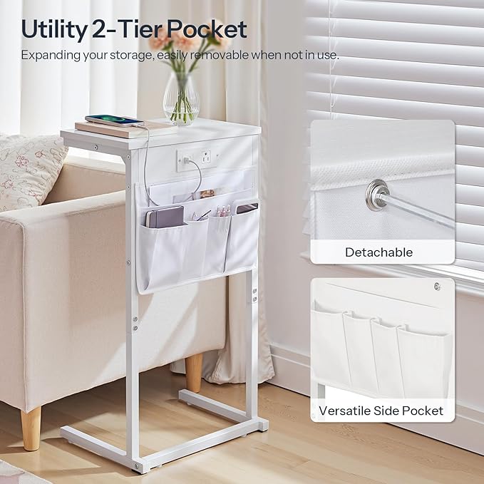 HOOBRO C Shaped End Table with Charging Station, 28" H Couch Side Table Slide Under, Sofa Arm Tray Table with Storage Bag for Living Room, Recliner, White WW70USF01