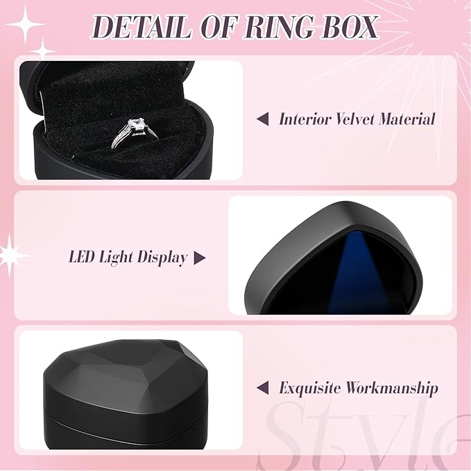 Yinkin 12 Pcs Black Velvet Jewelry Boxes LED Light Display Ring Necklace Bracelet Chain Gift Box Bulk Wedding Proposal Anniversary (Ring Box,Heart Shape)