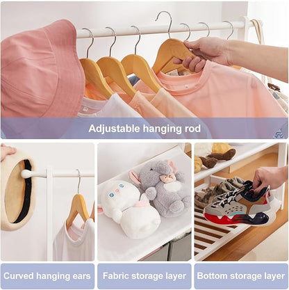 Kids Clothing Rack Bamboo with 2 Storage Baskets and 2 Adjustable Hanging Rods,Child Garment Holder with Shelf, Dress up Stand for Playroom,Toddlers Bedroom (White)