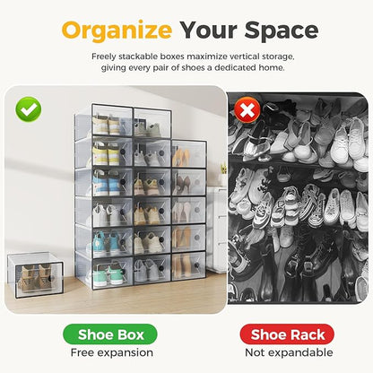 Sweetcrispy Shoe Storage Boxes, Clear Plastic Stackable Shoe Rack Organizer with Lids for Closet, Foldable Sneaker Container, Under Bed and Entryway, 15 Pack, Black