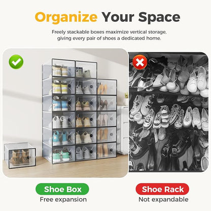 Sweetcrispy Shoe Storage Boxes, Clear Plastic Stackable Shoe Rack Organizer with Lids for Closet, Foldable Sneaker Container, Under Bed and Entryway, 15 Pack, Black
