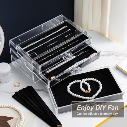 YUFONG Necklace Holder Organizer, Dustproof Necklace Box Velvet Necklace Organizer Box with Lid Clear Acrylic Dustproof Stackable Jewelry Displays for Necklaces Chain Display (Black, 5 Drawer)