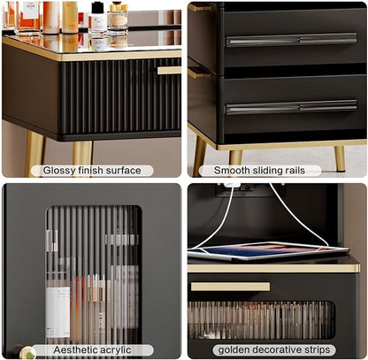 47.24" Big Modern Vanity Desk with Mirror and Lights, Vanity Desk with 29.53" HD Lighted Mirror, Makeup Vanity with 5 Drawers and Storage Shelves and Charging Station, Black2
