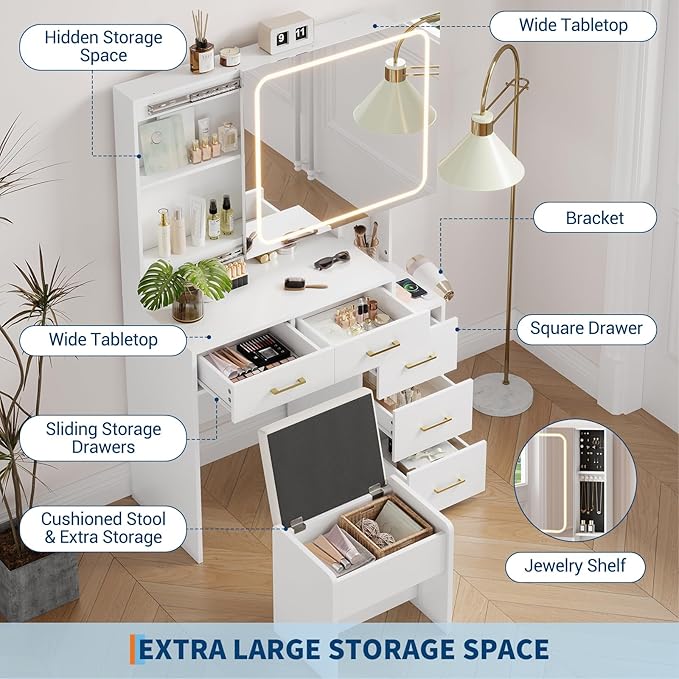 IDEALHOUSE Vanity Desk with Mirror and Lights, Makeup Vanity Set with Drawers & Chair, 3 Light Mode and Brightness Adjusted & Power Outlet, Dressing Table with Hairdryer Holder for Bedroom