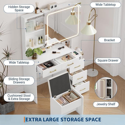 IDEALHOUSE Vanity Desk with Mirror and Lights, Makeup Vanity Set with Drawers & Chair, 3 Light Mode and Brightness Adjusted & Power Outlet, Dressing Table with Hairdryer Holder for Bedroom