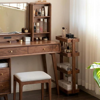 4-Tier Rolling Utility Cart with Lockable Wheels – Solid Oak Mobile Storage Trolley & Shelving Organizer for Kitchen, Living Room(Walnut, 7.87" D x 15.75" W x 31.89" H)