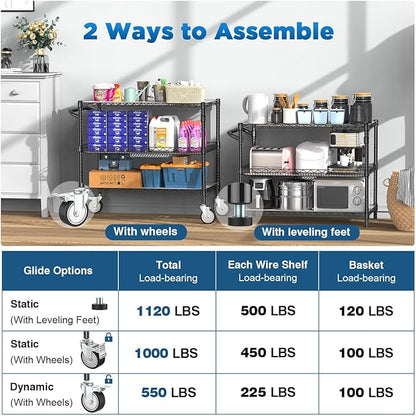 Leteuke Heavy Duty Rolling Utility Cart, 45 Inch Kitchen Carts with Wheels, NSF Commercial Grade with Handle & Shelf Liners, 1120LBS Storage Cart for Kitchen,Restaurant,Plant Display-Black