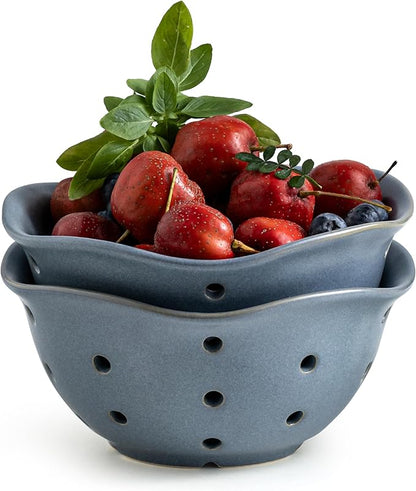 Gomakren Ceramic Berry Basket Set of 2, Elegant Fruit Basket Container 6 Inch, Fruit Bowl with Holes for Kitchen Counter, Berries, Strawberry, Grape, Cherry, Floral Shape - Slate Blue