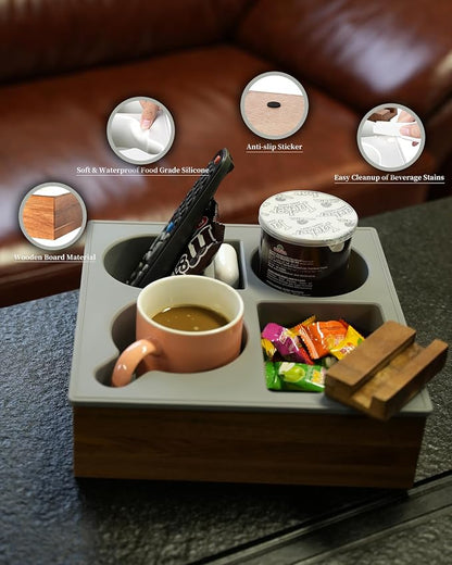 Couch Cup Holder Tray, Handy Soft Silicone Acacia Wooden Couch Caddy for Bed Car Seat Beach Organizer, Waterproof Anti-Spill Sofa Cup Holder for Snacks Beverage Remote (White)