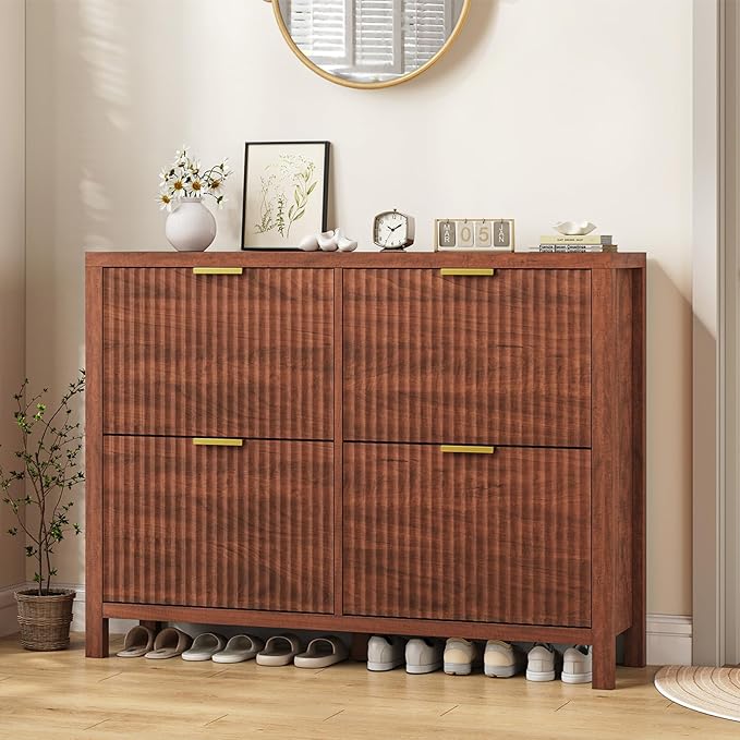 Shoe Cabinet Storage for Entryway, Fluted Walnut Shoe Cabinet with 4 Flip Drawers, Hidden Shoe Rack Freestanding Wooden Shoe Organizer with Legs for Hallway