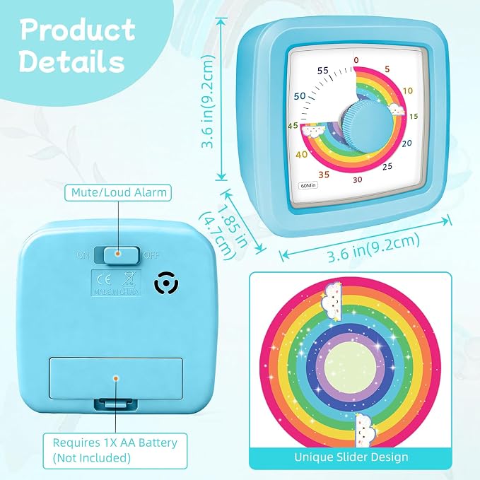 Kids Visual Timer, 60-Minute Silent Timer Countdown Clock with Rainbow Design, Plastic Mini Time Management Tool Timers for Classroom Kitchen Cooking Homework, Sensory Support&Focus Aid, Blue