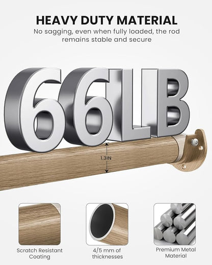 Supforce Closet Rods for Hanging Clothes, 17 to 84 Inches Stepless Adjustable Metal Closet Rod, 1.3 Inches Heavy Duty Clothes Hanging Rod for Closet Wardrobes Laundry RV(Wood Grain)