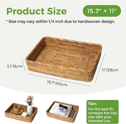 Wicker Storage Tray, Rattan Basket Rectangular for Bathroom Living Room, Decorative Serving Woven Trays Wicker Baskets for Organizing Home Decor L(15.7" × 11")