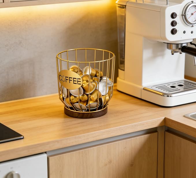 Coffee Pod Holders for Counter, Nespresso Pods Holder, K-Cup Holder, Coffee Pod Basket, Countertop Organizer for Keurig Kcups & Espresso Capsules, Coffee Station Accessories(Gold Plating)