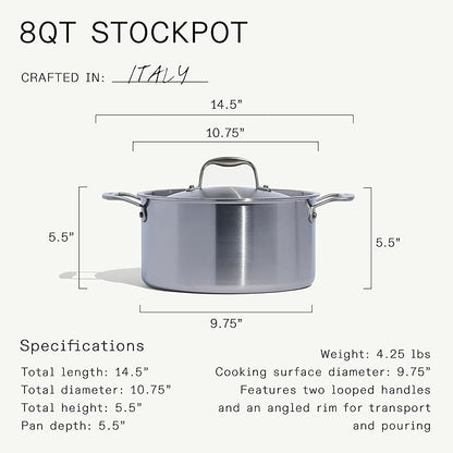 Made In Cookware - 8 Quart Stainless Steel Stock Pot With Lid - 5 Ply Stainless Clad - Professional Cookware - Crafted in Italy - Induction Compatible