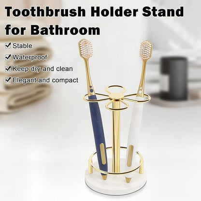 Toothbrush Holder Stand for Bathroom, Metal Toothbrush Organizer with Marble Base, Toothbrush Storage Collection for Family, Suitable for Home Hotel Countertop Vanity (Small, Gold)