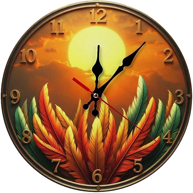 Wall Clock， Sunset Feather Bohemian Non Ticking Wall Clocks Battery Operated， Gold Wooden Wall Clocks for Kitchen， Living Room， Bedroom， Office Decorative 25 * 25cm
