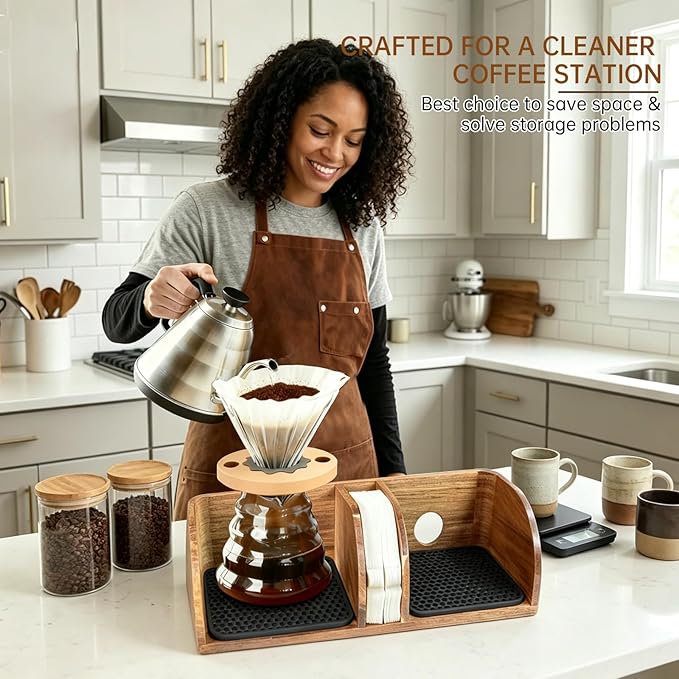 MAVOTER Acacia Coffee Bar Station Organizer Stand for Pour Over Maker, Coffee Filter Holder for Countertop ,Wooden Caddy Storage Organizers with Heatproof Mat(17.8*7*5.1 inch)