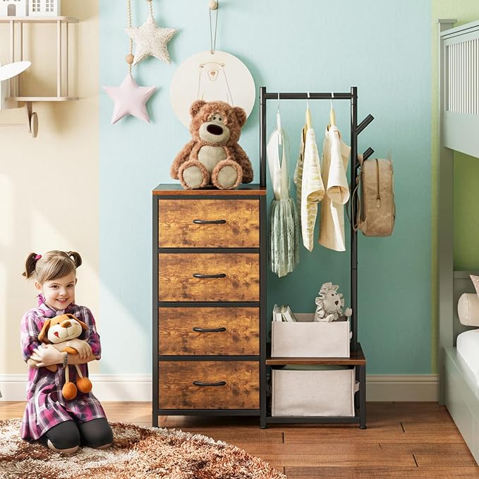 KKL Small Dresser for Bedroom with Clothes Hanging Rack, Reversible Bedroom Dresser with Shoe Rack & 4 Fabric Drawers, 3-in-1 Storage Chest of Drawers with Storage Shelves & Tree Hooks, Vintage