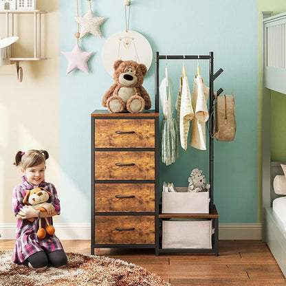 KKL Small Dresser for Bedroom with Clothes Hanging Rack, Reversible Bedroom Dresser with Shoe Rack & 4 Fabric Drawers, 3-in-1 Storage Chest of Drawers with Storage Shelves & Tree Hooks, Vintage