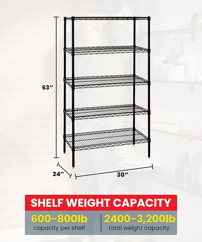 Quantum Storage Systems WR63-2430BK-5 Wire Shelving Starter Kit, 30" W x 24" D x 63" H, 600 lbs Capacity, Carbon Steel, Epoxy Coated, Black, NSF
